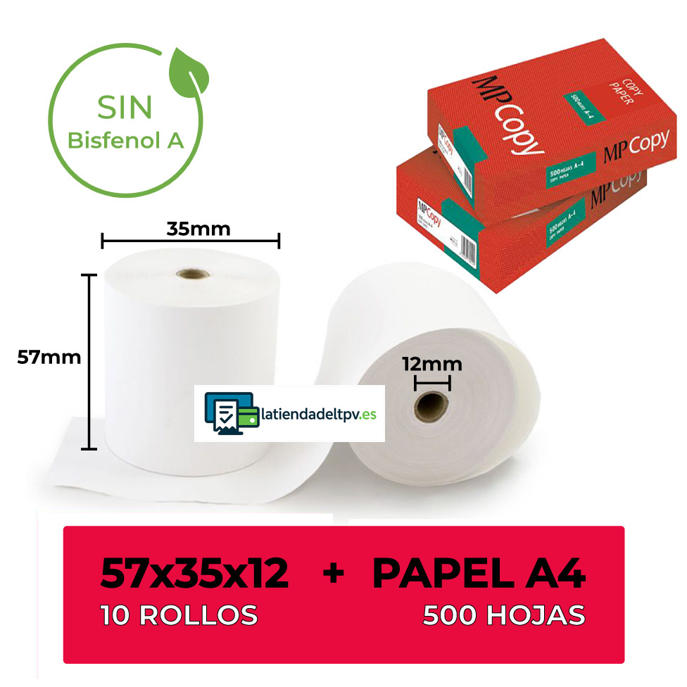 regalo.jpg 10 Rollos Papel Térmico DATÁFONO 57x35x12 Sin Bisfenol A + Paquete 500 folios DIN A4 - Imagen 1