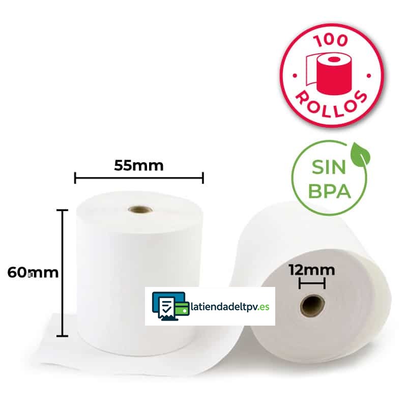 rollos-papel-termico-60x55x12-sin-bisfenol-100-rollos-LTDR.jpg 100 Rollos Papel Térmico 60x55x12 Sin Bisfenol A - Imagen 1