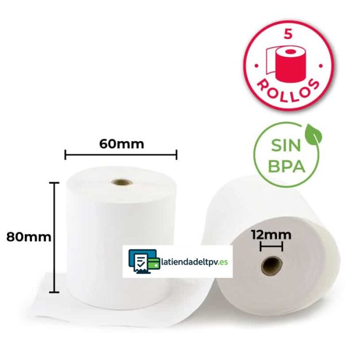 5 Rollos Papel Térmico 80x60x12 Sin Bisfenol A - Imagen 1