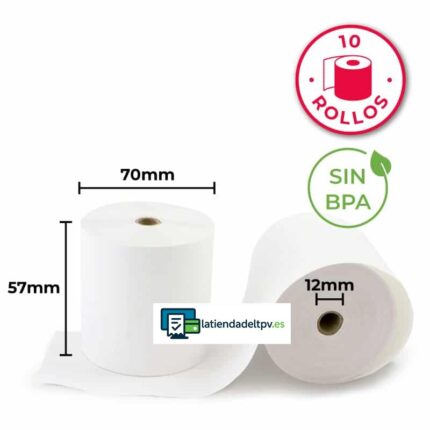 10 Rollos Papel Térmico 57x70x12 Sin Bisfenol A